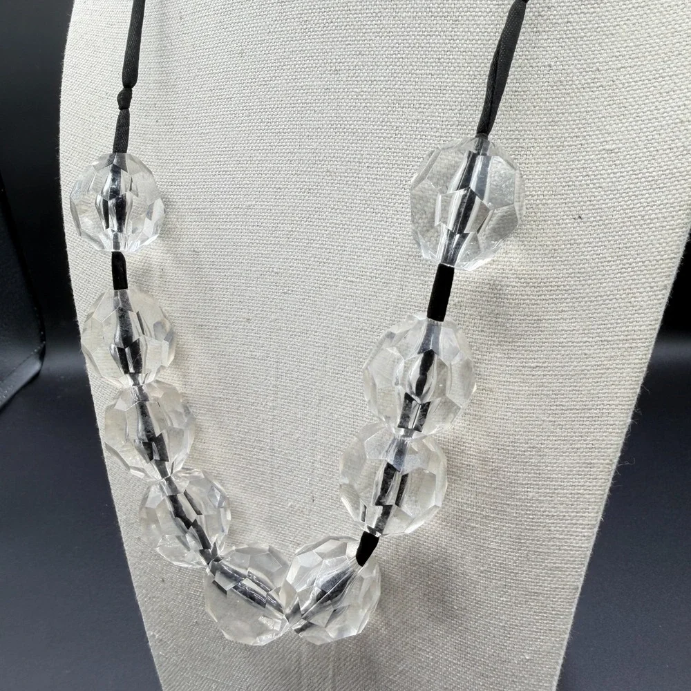 Clear Faceted Bead Necklace Black Ribbon Chunky Lucite Crystal Statement Jewelry